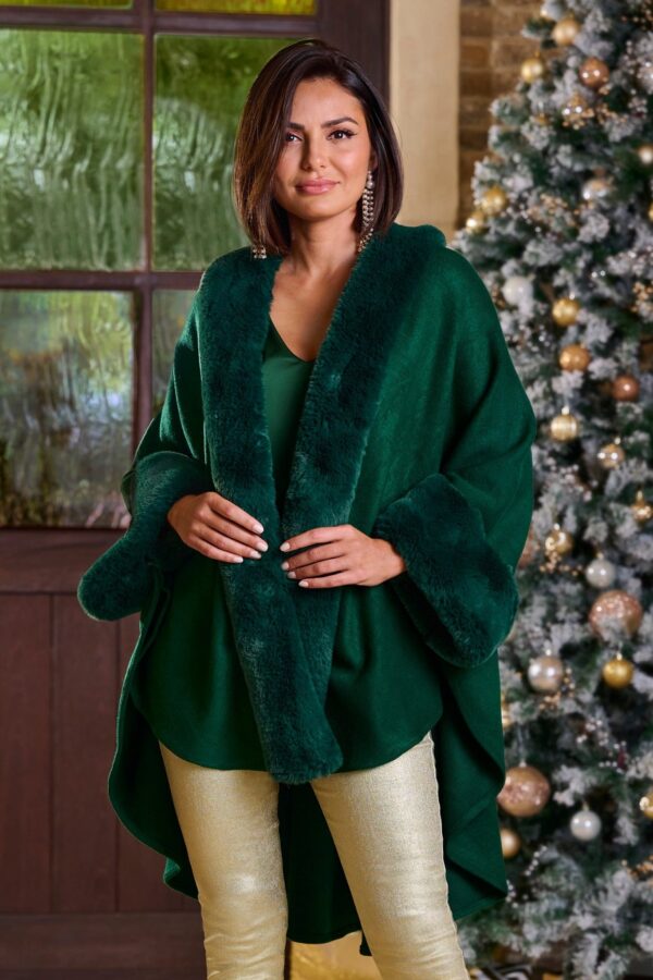 Faux Fur Trim Poncho Emerald