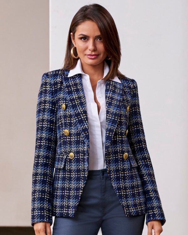 Plaid Tweed Double Breasted Blazer Blue Multi