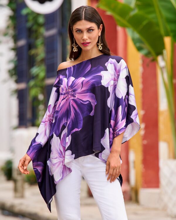 Exploded Dahlia Print Roxy Effortless Charmeuse Blouse Purple