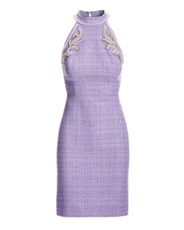 Pearl Embellished Tweed Mock Neck Sheath Dress Violet Tulip - Image 2