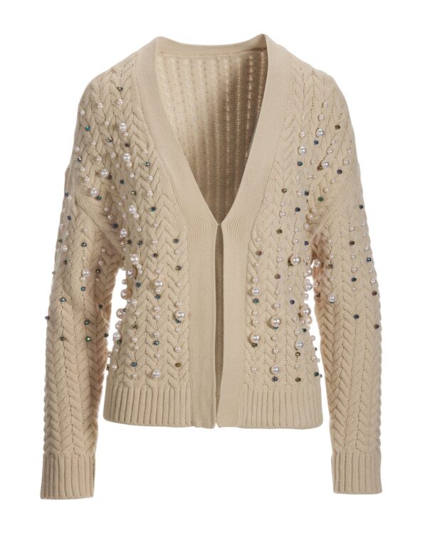 Pearl Embellished Cable Cardigan Tan - Image 2