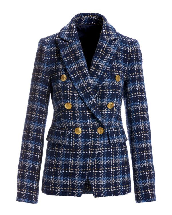 Plaid Tweed Double Breasted Blazer Blue Multi - Image 2