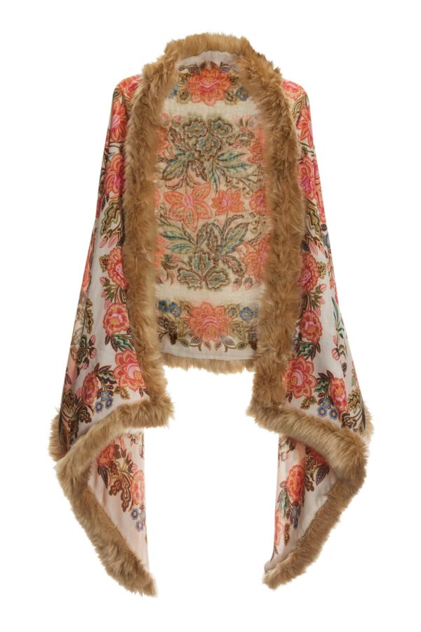 Boho Floral Print Faux Fur Trim Shawl Off White Multi - Image 2