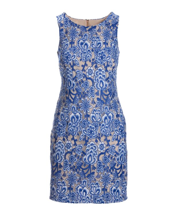 Floral Embroidered Mesh High Neck Sheath Dress Blue Multi - Image 2