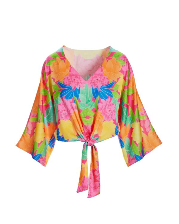 Mirrored Blooms Print Kate Tie Front Charmeuse Blouse Pink Multi - Image 2