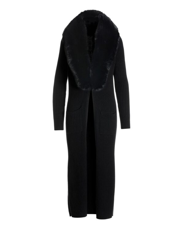 Faux Fur Collar Ribbed Long Cardigan Black/Black - Image 2