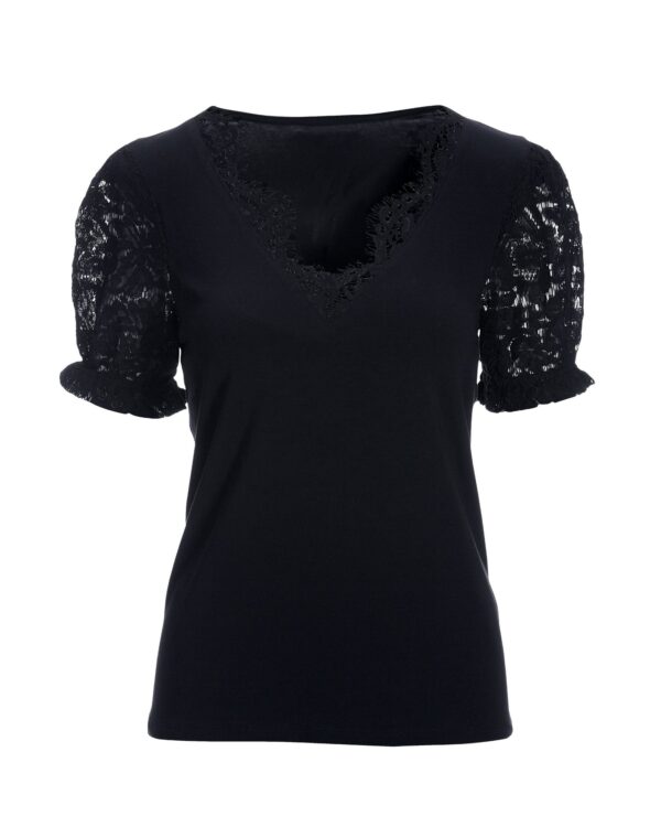 Lace Puff Sleeve V Neck Tee Black - Image 2