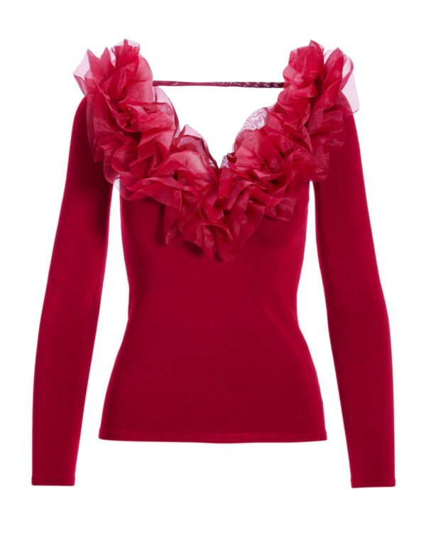 Organza Ruffle V Neck Sweater Jester Red - Image 2